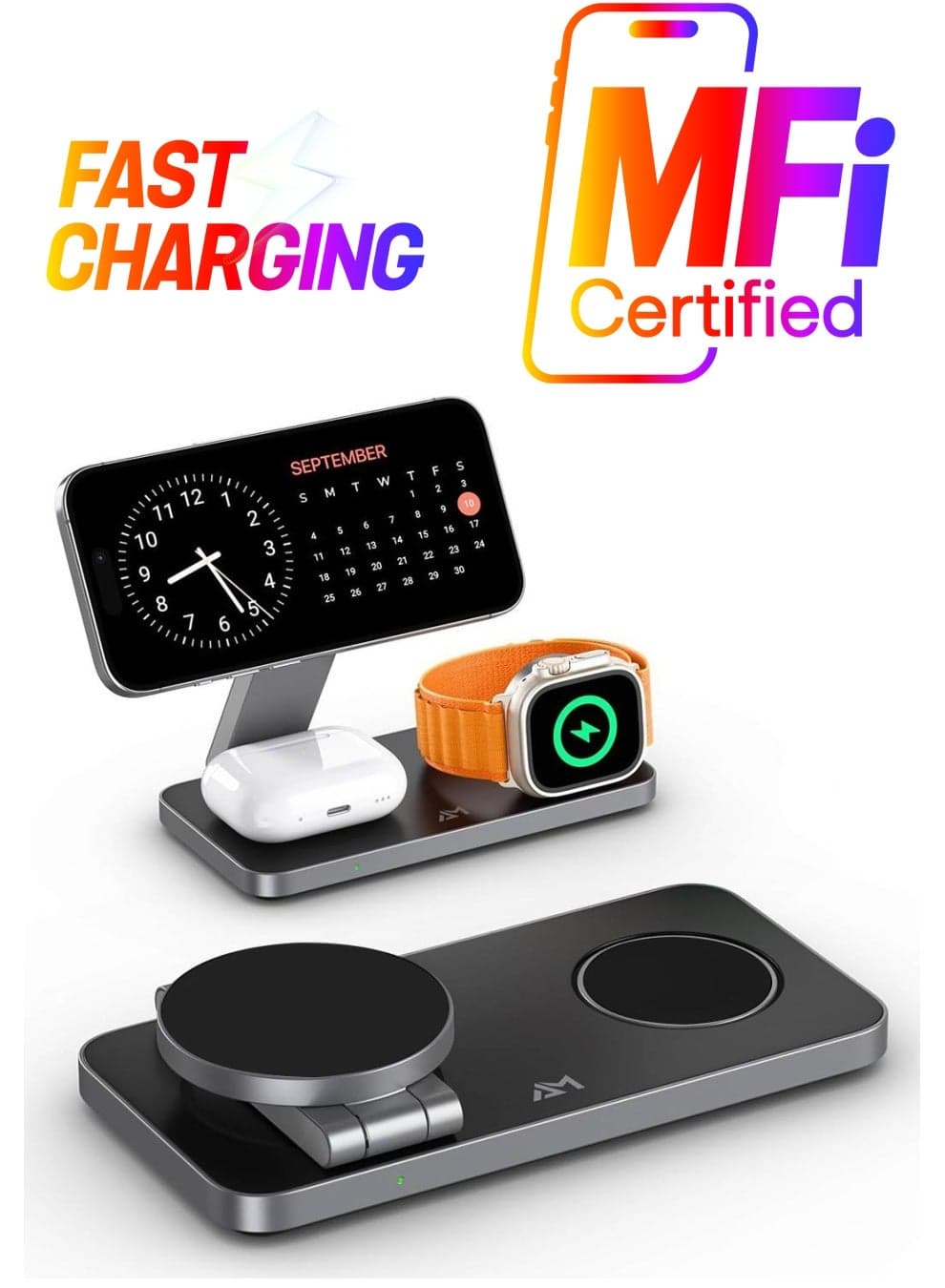 Foldable 3 in 1 Wireless Charging Station with Magsafe Charger Stand, Wireless Charger for Multiple Devices iPhone 16 15 14 13 12 11 X Pro Max Plus Watch AirPods, Black
