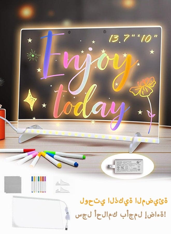 LED Note Board with Colors, 11.81"X7.87" 4 Modes & 7 Colors Acrylic Dry Erase Board with Light, Include Adapter, Hanging Chain, Led Drawing Board for Kids with Stand, 7 Markers, Spray Bottle