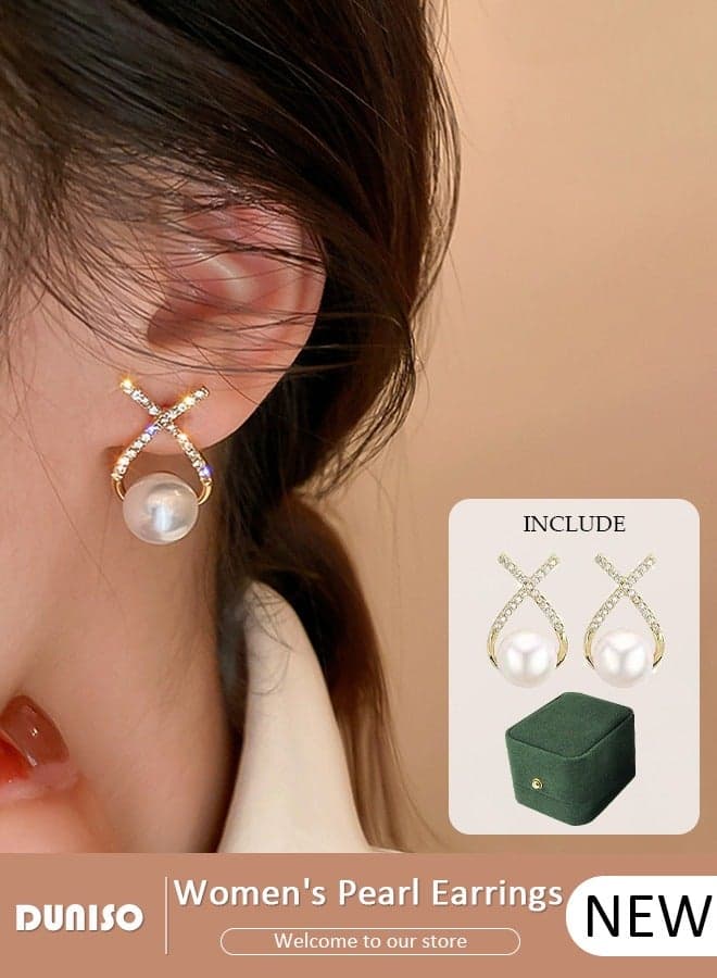 Pearl Stud Earrings,Fashionable Lightweight Freshwate Pearl Earrings,Full of diamond pearl Earrings,Hypoallergenic Pearl Stud Earring for Women Girls