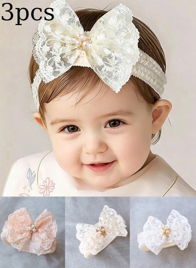3 Pieces Baby Headbands Set, Soft Lace Flower Hair Bows for Girls 0-3 Years, Non-Slip Infant Hair Accessories for Party Wedding Photography