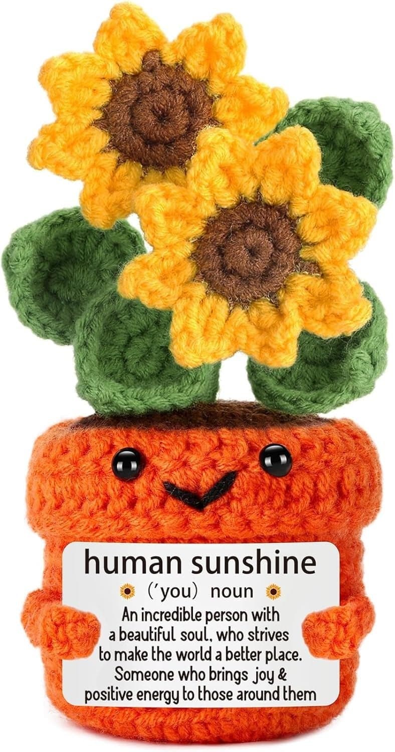 Happy Threads Teacher Sunflower Pot with Inspirational Message Card, Handmade Crochet Potted Flower Decoration, Cute Desk & Shelf Décor, Teacher Appreciation Gift from Student
