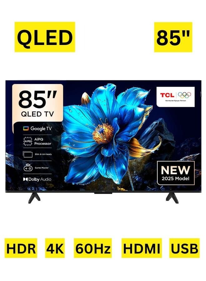 TCL 85 Inch P7K QLED TV | 4K Google TV | AiPQ Processor | Dolby Vision | HVA Panel | HLG, HDR10+, Ai Clarity, Color, HDR | Dolby Atmos | DTS Virtual:X | Miracast | Game Master, Game Bar, Game Picture Mode - International Version 85P7K Black