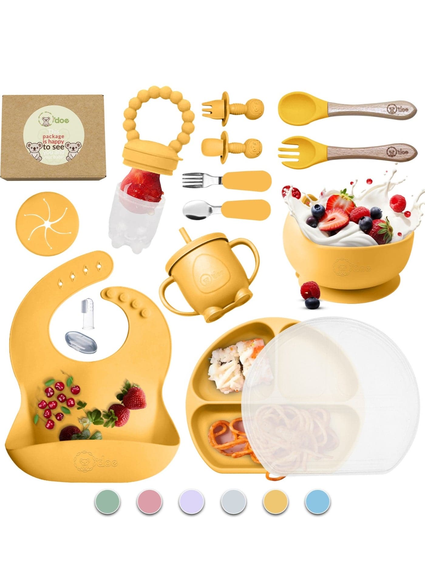 Baby Led Weaning Feeding Supplies for Toddlers, O'doe Baby Feeding Set | Suction Silicone Baby Bowl-Self Eating Utensils Set with Spoons, Bibs, Toddlers Spoon Set | Infant Food Plate Kit | Set of 17