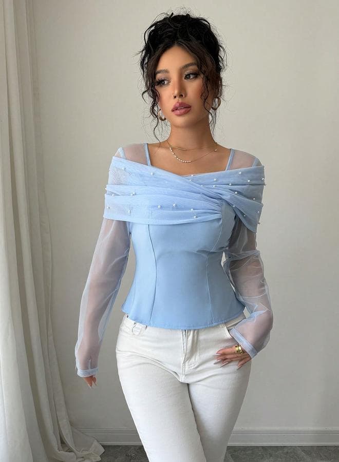 Blue Faux Pearl Embellished Square Neck Mesh Top