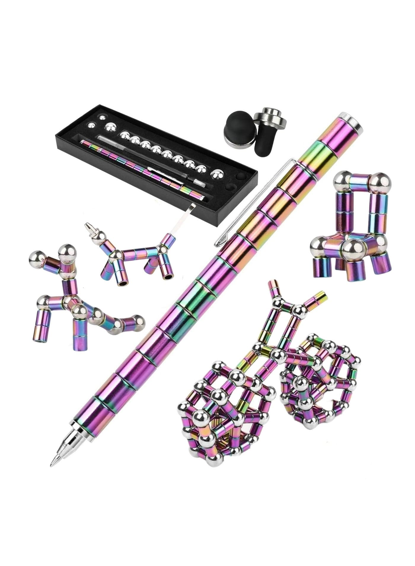 NOVOLAN Magnetic Fidget Pen, Multifunctional Retractable Ballpoint Pen with 13 Magnetic Rings, 3 Pen Refills, 12 Steel Balls, 2 Stylus Tips, Creative Magnetic Toy Pen for Stress Relief