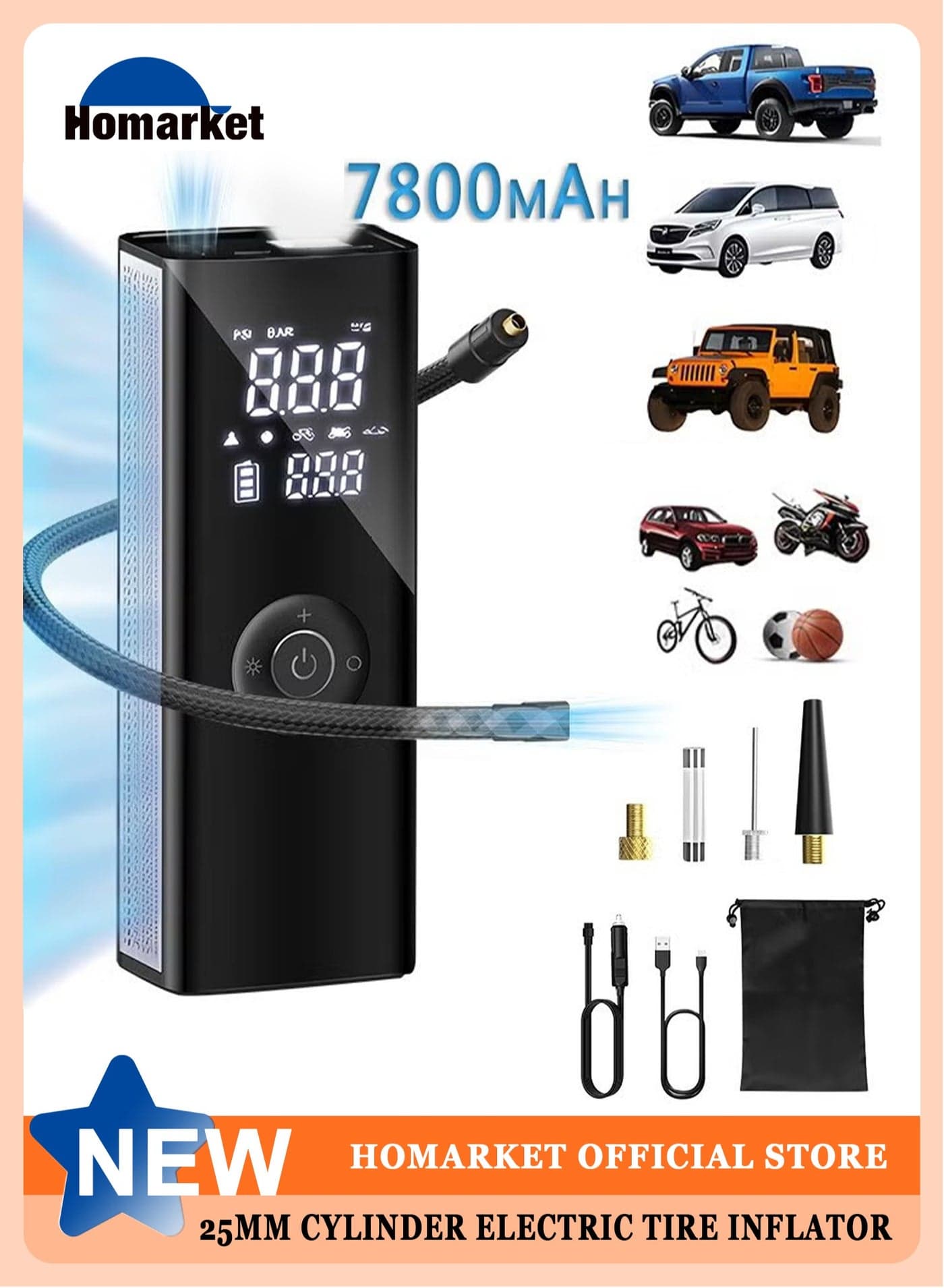 Tire Inflator Portable Air Compressor for Car Tires Mini Air Compressor with Digital LCD Pressure Gauge and LED Light Rechargeable Fast Air Pump for Car Bike Motorcycle