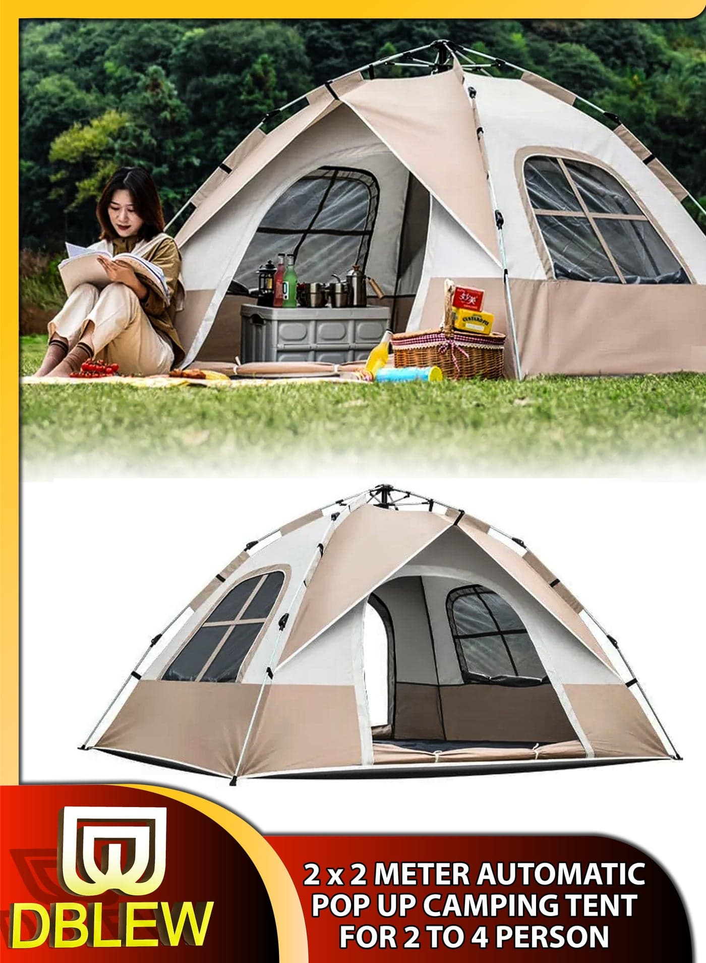 4 Person Automatic Pop-Up Camping Tent | Waterproof & Windproof Hydraulic Dome Tent with 4-Sided Ventilation and UV Protection | Portable Outdoor Shelter for Beach, Hiking, Fishing & Picnic