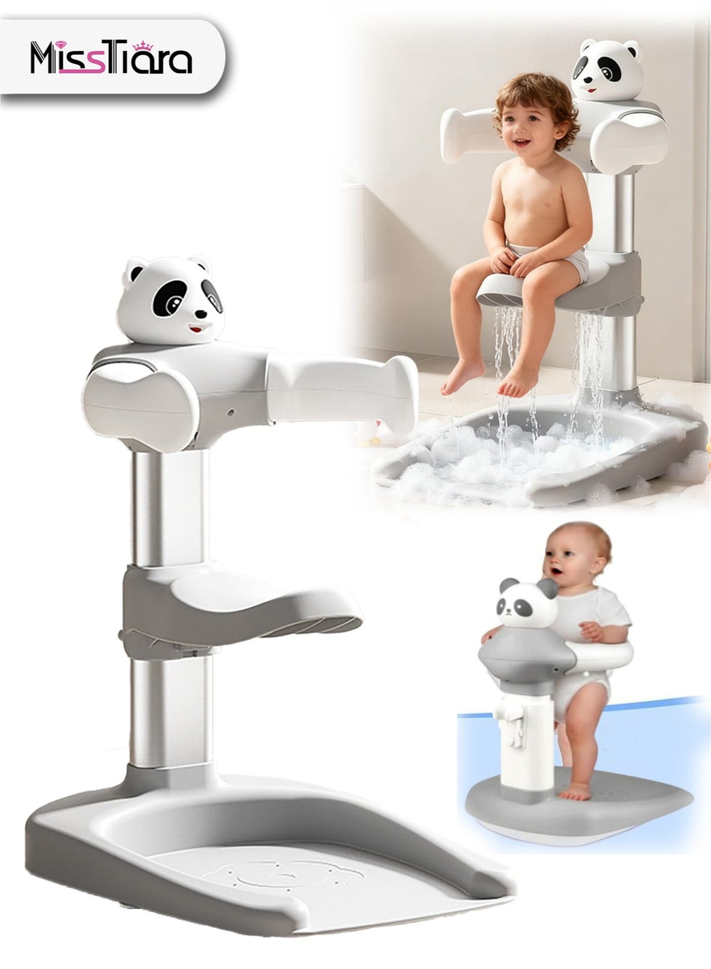 Baby Shower Stand with detachable Small Stool, Adjustable Height Panda Bathing Station with Non-slip Base, Portable Bathing Assistant, Smart Water Flow Hug Tower Bath Shower Stand, Hugable Panda Bathing Stand for Infants and Toddlers