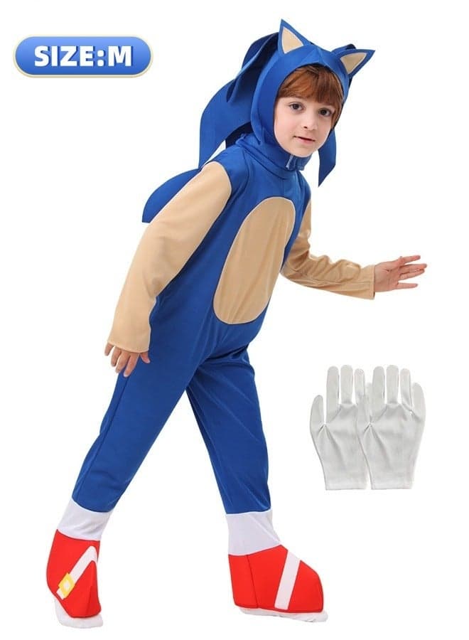Kids Sonic Jumpsuit with Gloves, Costume Outfit Set, Fancy Dress Up Outfit, Popular Character Clothing for Children, Ideal Dress Up for Themed Parties(size:M)