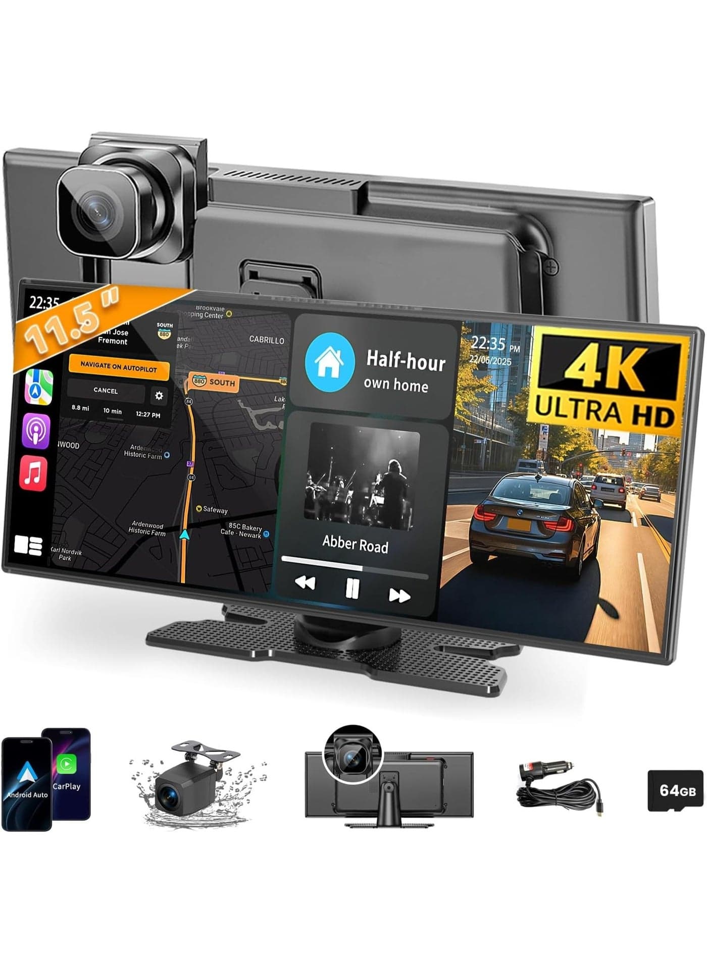 Vierex 11.5 Inch Wireless CarPlay Screen for Car – HD Touchscreen with Wireless Apple CarPlay & Android Auto, 4K Dash Cam, 1080P Rear Camera, GPS Navigation, Bluetooth, Voice Control, FM Transmitter & Mirror Link – Universal for All Vehicles