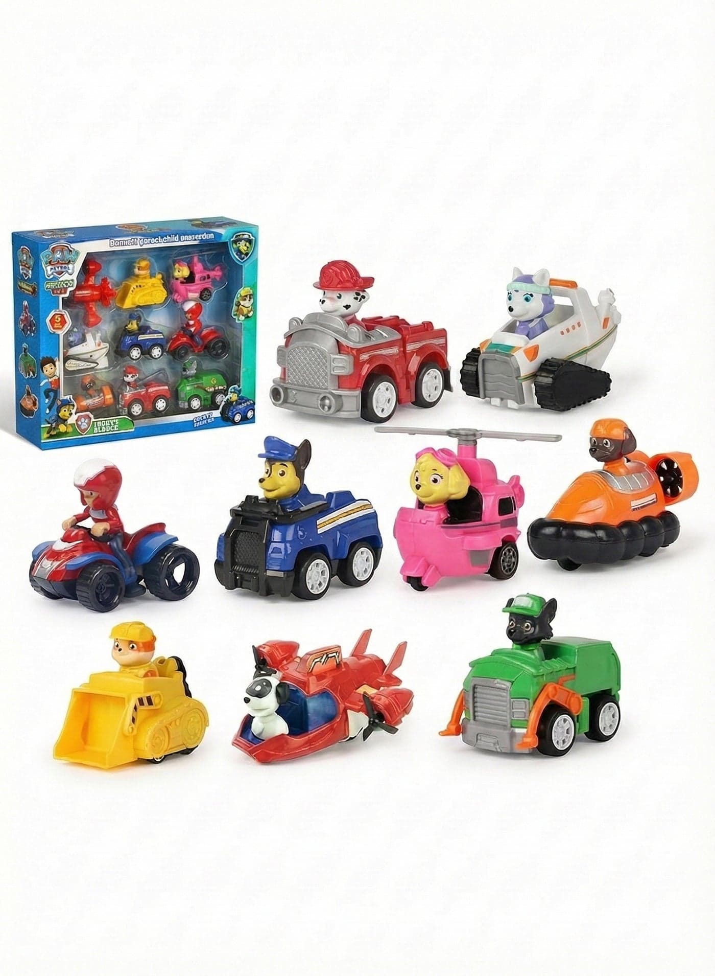 Dogs Patrolling Toy Paw Patrol Toy Cars Set – 9 Piece Patrol Dogs Rescue Vehicle Squad with Figures | Chase, Marshall, Skye, Ryder & Everest Mini Racers | Friction Push & Go Action Playset | Cake Toppers & Birthday Gift for Boys & Girls 3+