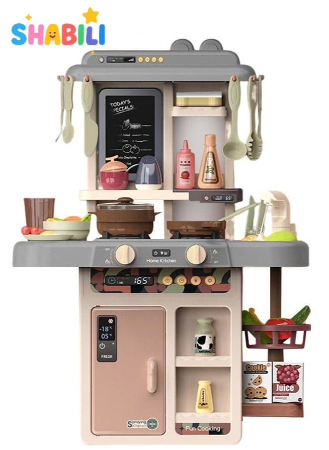 Kids Pretend Kitchen Playset 42-Piece ABS Toy with Lights, Steam & Sounds, Water Sink, Color-Changing Food, Blackboard, Indoor Role-Play Gift for Boys & Girls – AA Batteries Required (Not Included)