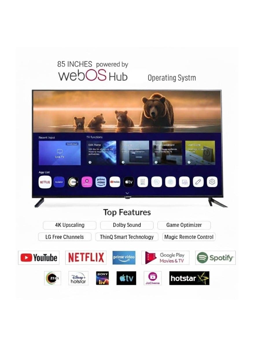 85-Inch 4K Ultra HD Smart LED TV – WebOS Platform with Magic Remote & AI Voice Control, Dolby Audio, Built-In Wi-Fi & Screen Mirroring, Premium Frameless Bezel-Less Design – Model H2LED4K85WOX