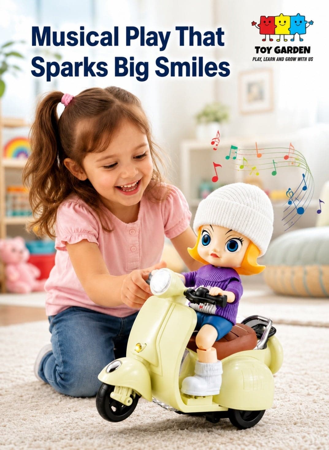 Musical Scooter Doll Toy, Musical Scooter Doll Toy with Flashing Lights and Sound | Interactive Moving Vehicle for Kids | Cute Girl on Vintage Motorbike Toy for Toddlers