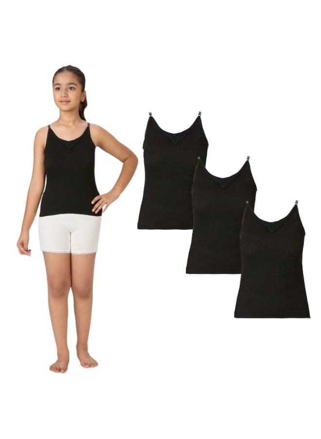 GIRLS ADJUSTABLE STRAP COTTON CAMISOLE (PACK OF 3) - BLACK