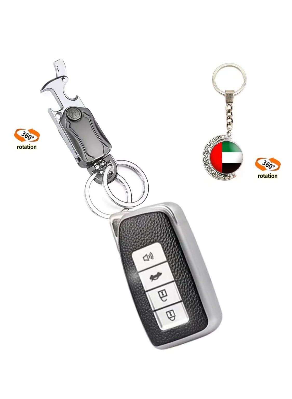 OUYoo For Lexus Key Fob Cover with,Metal fidget spinner key chain, UAE flag key chain, Upgraded TPU Surface Grain Case for GS ES IS IS-F RC RC-F NX LC LS LX570 RX350/450h (4 buttons) (Silver)