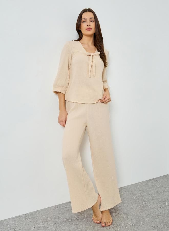 Double Gauze Cotton Tie Front Top and Wide Leg Pyjama Set