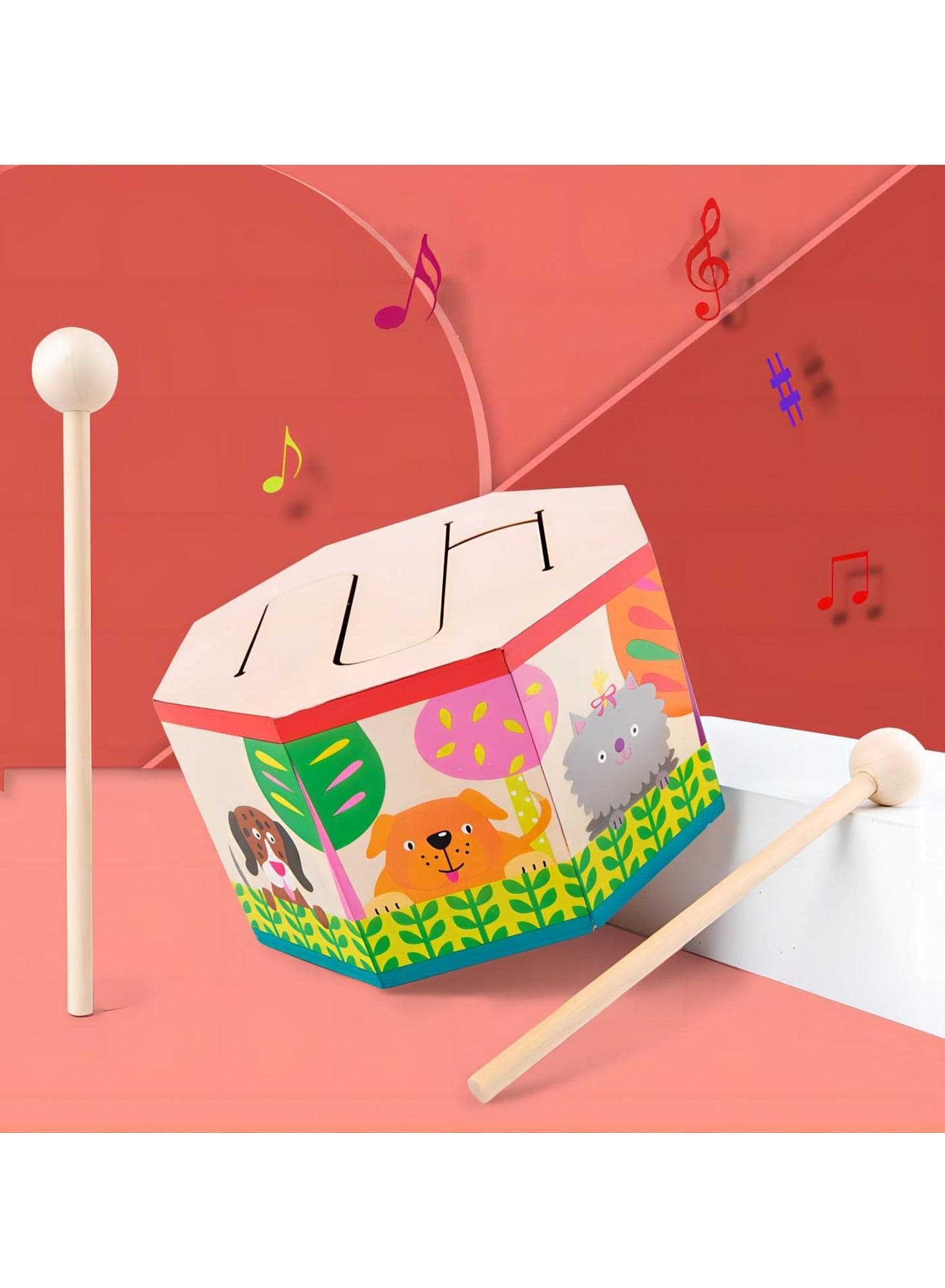 Kids Drum Wood Toy Handheld Mini Percussion Instrument Drum Musical Drum Toys with 2 Mallets for Baby Children Infant Toddler