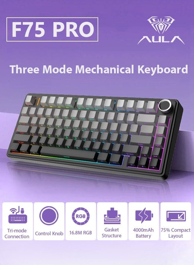 【Brand Store】F75 PRO Gaming Keyboard 75% Mechanical Keyboard Gasket Hot Swappable Custom Keyboard RGB Backlit with Five-Layer Padding, ide Printed PBT Keycaps Bluetooth/2.4GHz/USB-C, Mechanical Gaming Keyboard Hot Swappable, Knob, RGB, Reaper Switches Keyboard for Gamers(Gradient Black)