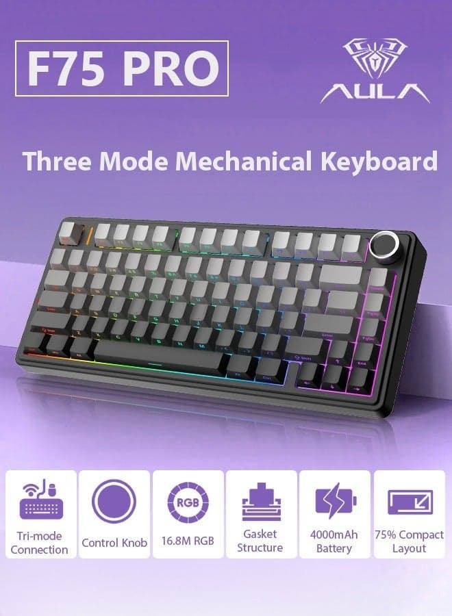 【Brand Store】F75 PRO Gaming Keyboard 75% Mechanical Keyboard Gasket Hot Swappable Custom Keyboard RGB Backlit with Five-Layer Padding, ide Printed PBT Keycaps Bluetooth/2.4GHz/USB-C, Mechanical Gaming Keyboard Hot Swappable, Knob, RGB, Reaper Switches Keyboard for Gamers(Gradient Black)