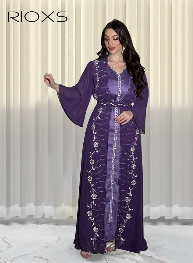 Women's Muslim Abaya Dress, Chiffon Islamic Dubai Modest Long Sleeve Maxi Dress for Ladies, Stylish V-Neck Saudi Arabia Muslim Robe, Elegant Diamond Ironing Muslim Suit Classic Abayas, Great for Parties Festival and Special Occasions, Purple