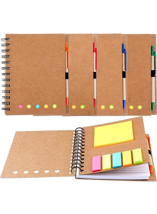 4 Packs Spiral Notebook Lined Notepad with Pen in Holder and Sticky Notes, Page Marker Colored Index Tabs Flags