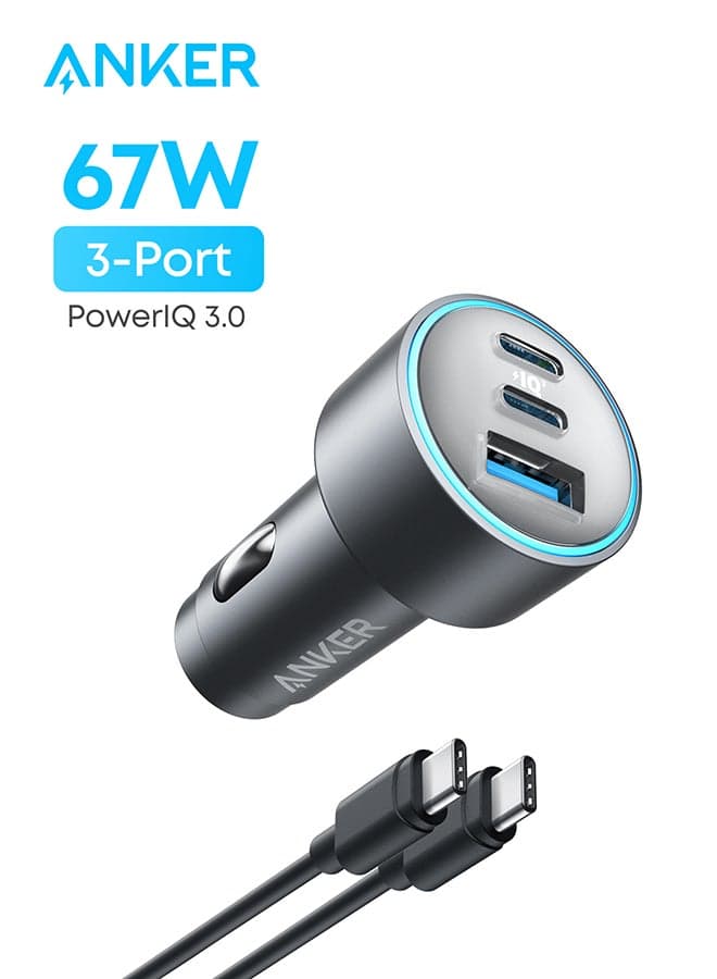USB-C Car Charger, 67W 3-Port Compact Fast Charger, 535 Car Adapter with PIQ 3.0 for iPhone 17/17 Pro/17 Pro Max, Galaxy S26/ S25/ S24, iPad Air, and More (USB-C to USB-C Cable Included)