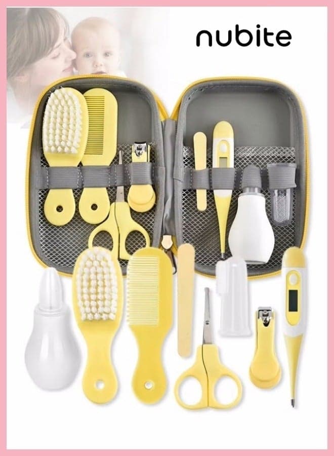 9-Piece Baby Care and Grooming Kit with Thermometer, Nasal Aspirator, Toothbrush, Emery Board, Nail Clipper, Scissor, Brush, Comb and Carry Case, Portable Healthcare Essential Daily Care Bathing Tool for Toddler Infant Yellow