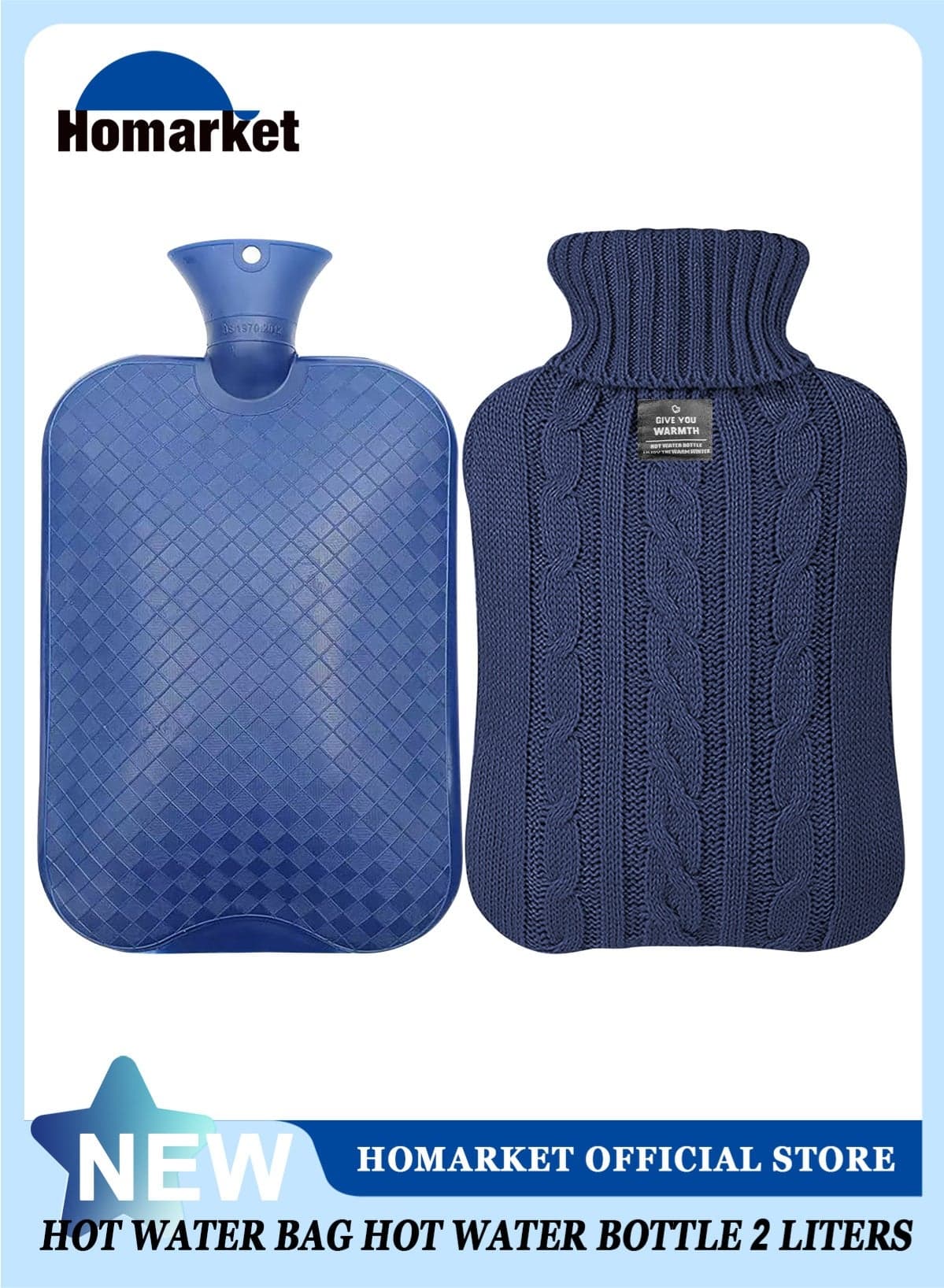 Hot Water Bottle with Knitted Cover, 2L Hot Water Bag for Hot and Cold Compress, Hand Feet Warmer, Ideal for Menstrual Cramps, Neck and Shoulder Pain Relief, Blue