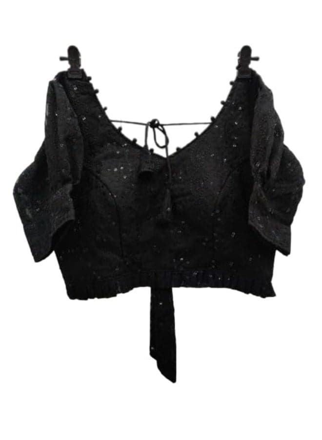 Women's Trending Chikankari Hakoba Blouse with V nack & Puff Sleeve Padded Readymade Stitched Saree Blouse(Bust-38 Alter to 40, Waist 32 Alter to 34 Alterable)