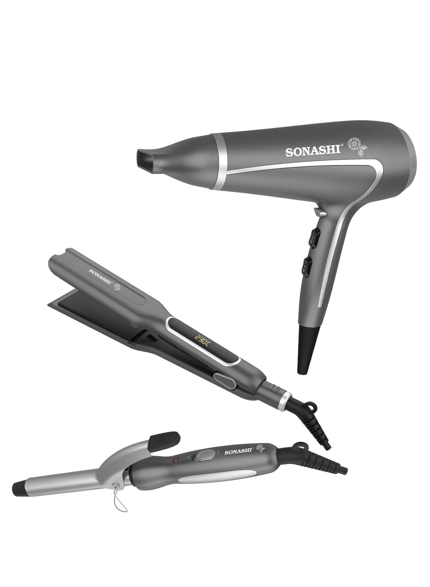 3in1 Hair Dressing Set With Hair Dryer Hair Straightener And Hair Curler Featured With Ceramic Plates Wet And Dry Function Light Indicator 360 Swivel SBS-800 Grey