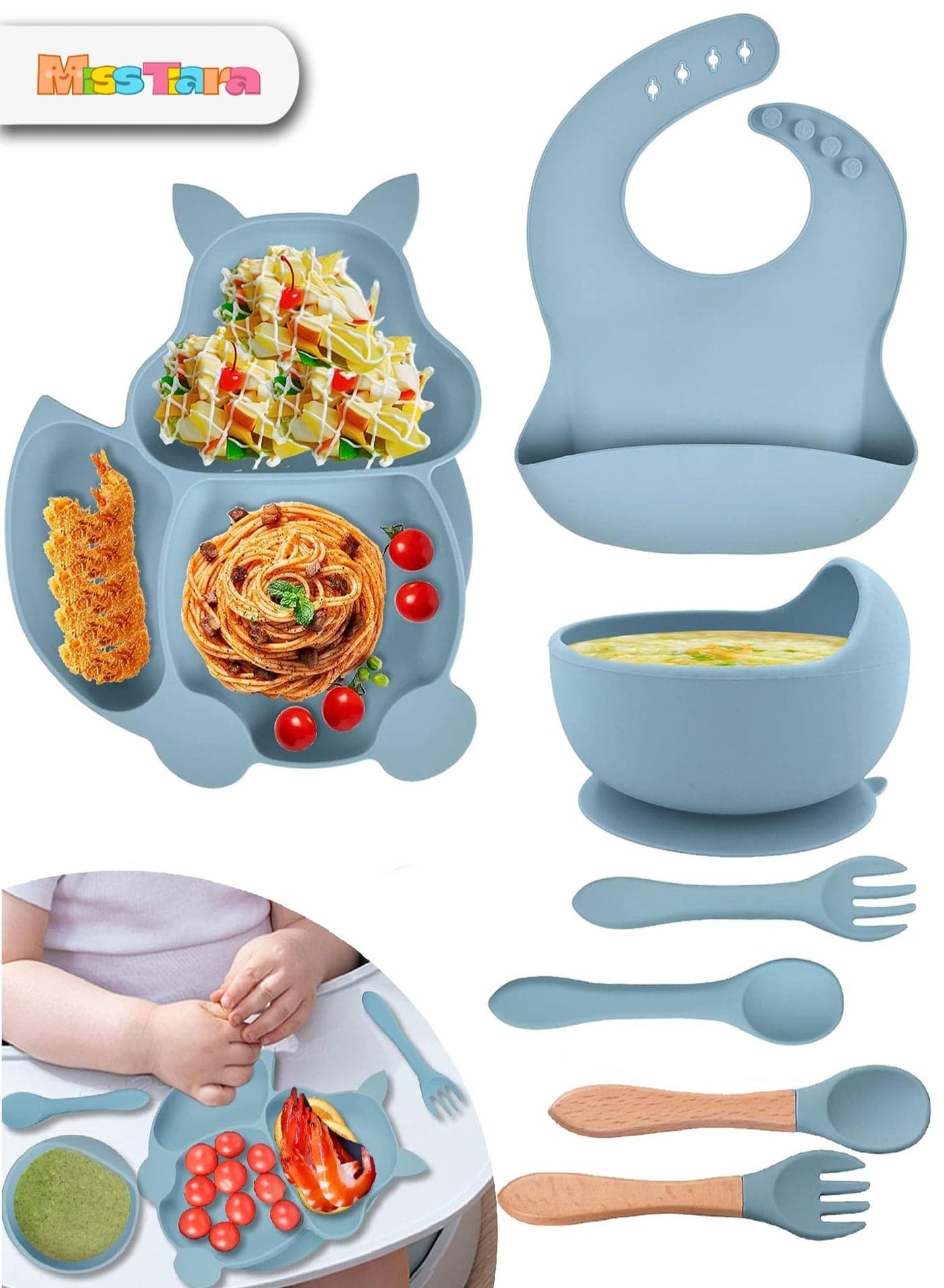 Baby Feeding Set, 8 Pcs Baby Tableware Set, Food grade Silicone Squirrel Baby Cutlery and Plates Set, Non-Slip Infant Dinnerware Set, Baby Self Feeding Utensils