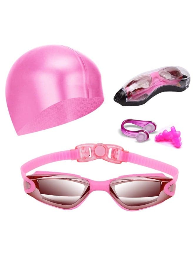 Swim Goggles, Swimming Goggles Anti-Fog UV Protection Coated Lens No Leaking with Swim Cap, Nose Clip, Earplugs, Case for Men Women Adult Youth Kids, One Size