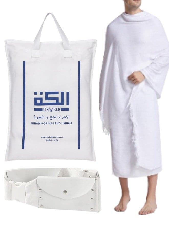 Men's Ahram Set | Premium 2 Ahram Towels + Belt for Hajj & Umrah | Easy-to-Wear & Comfortable Muslim Wear Ihram Set