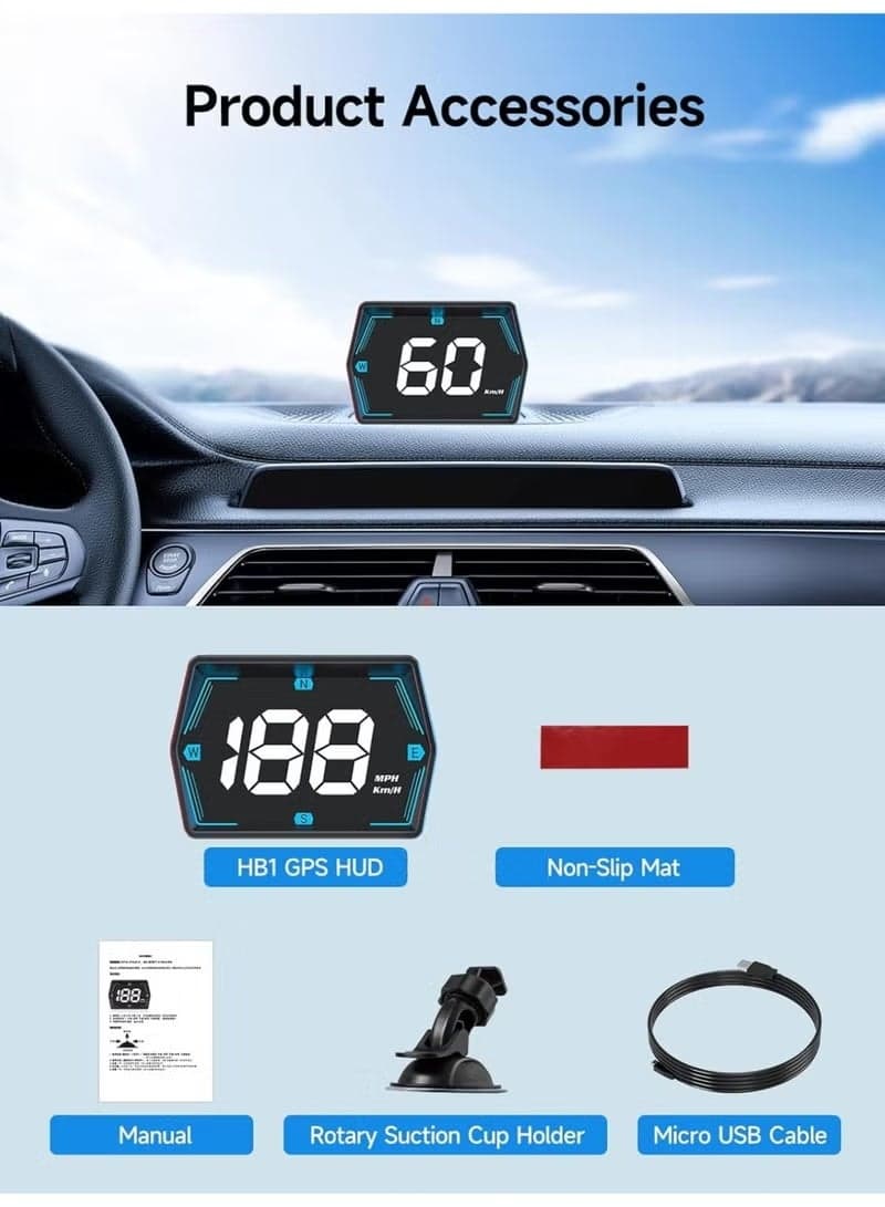 Car HUD Digital Speedometer Head-Up Display with Compass, Overspeed Alert & Auto Brightness, Plug & Play, Compatible with All Vehicles