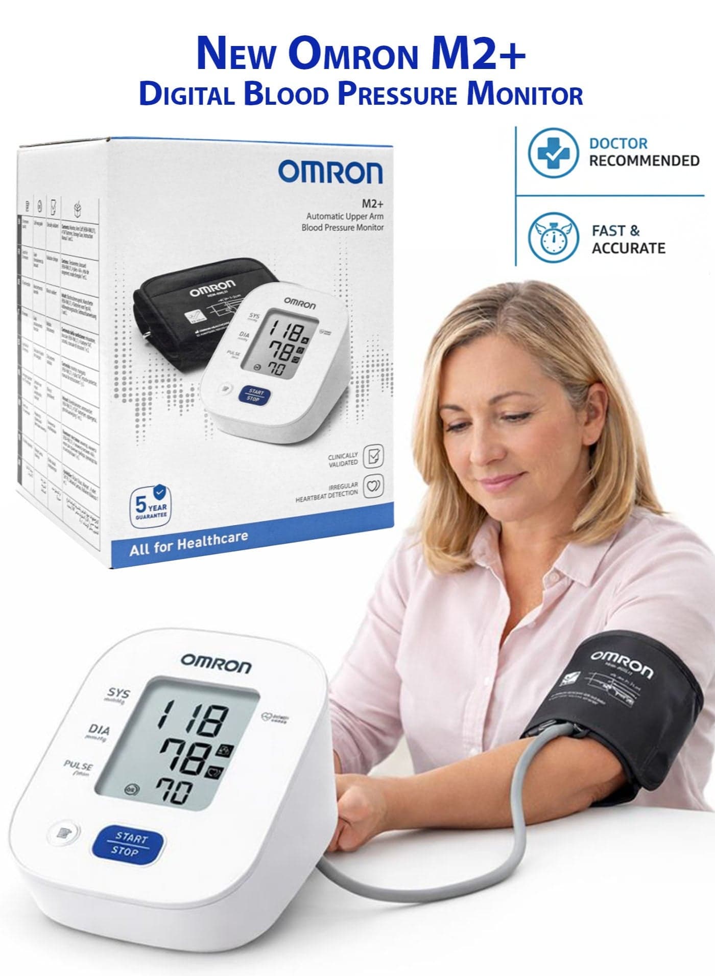 M2 Plus Upper Arm Blood Pressure Monitor New Version Clinically Validated Digital BP Machine with Intellisense™ Technology, Irregular Heartbeat Detection, Body Movement Indicator, 30 Memory Storage, Medium Cuff 22–32 cm, Home Use