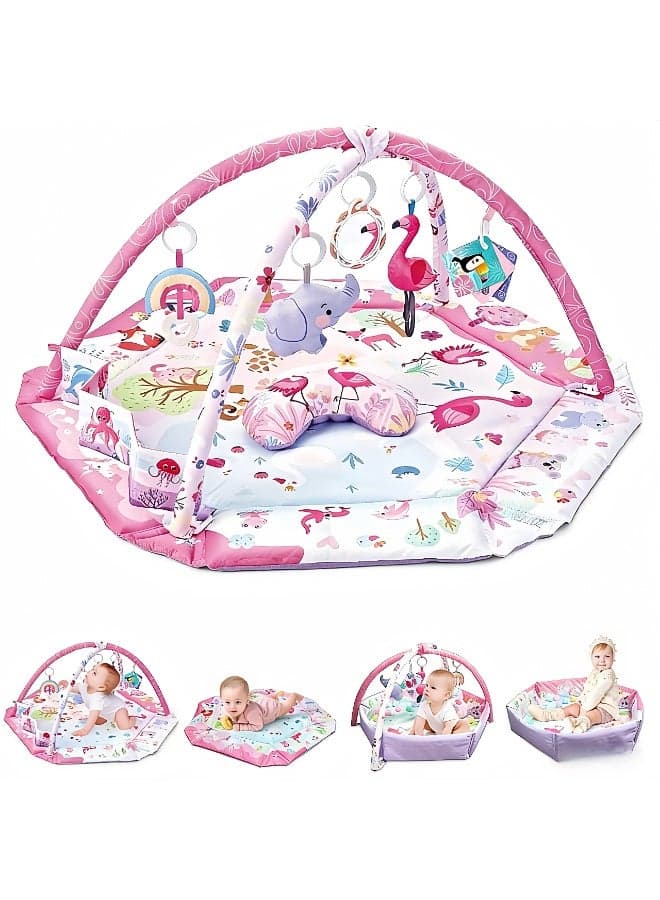 Baby Play Gym & Activity Mat, 5-in-1 Baby Play Mats with Pillow and 6 Detachable Toys, Washable Baby Activity Mat for Visual, Hearing, Sensory, Motor Development, Babies Sensory Toys Gift for Newborn to Toddler 0-3-6-9-24 Months (Pink)
