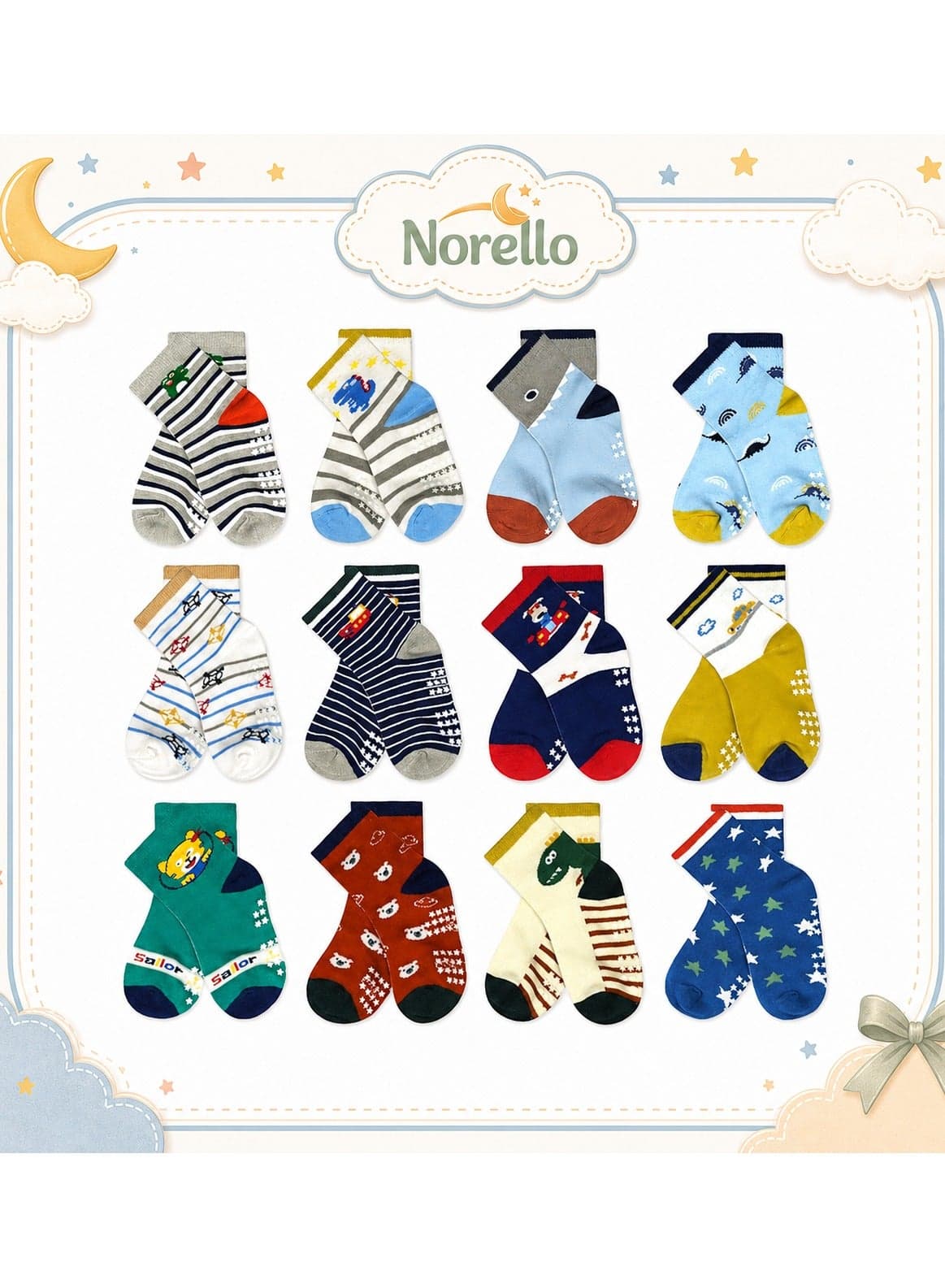 12 Pairs Baby Socks Of Cotton Non-Slip Striped Baby Boys Socks Multicolor
