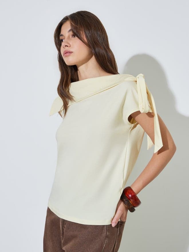 Styli Yellow Fold-Over Asymmetric Neck Knit Top
