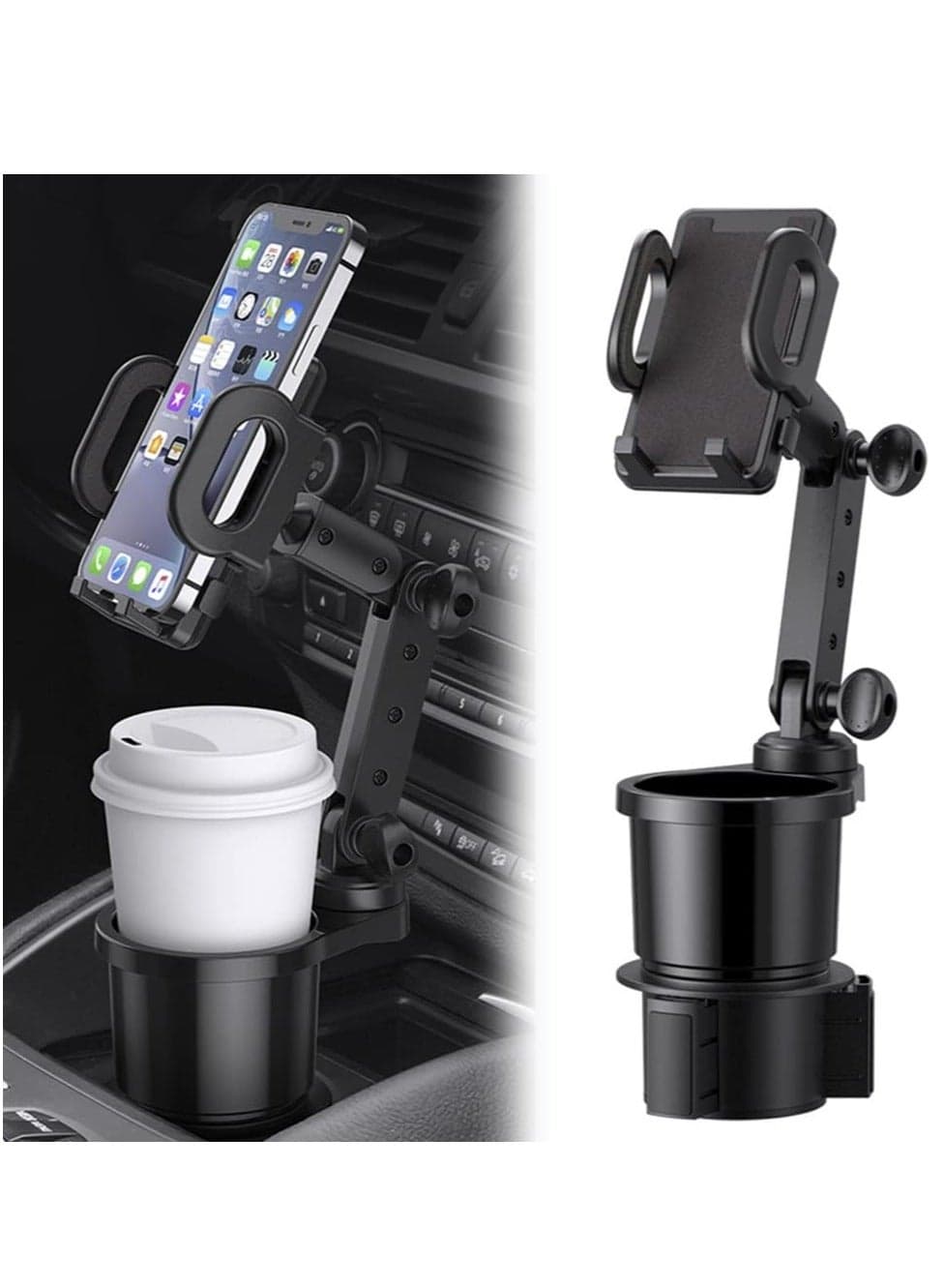 2 in 1 Car Phone Mount, Car Cup Holder Phone Mount Universal Auto Cell Phone Stand with Expandable Cup Holder, Multifunctional Car Cup Expander with 360° Rotation