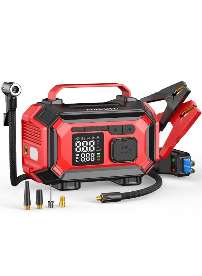 FOWAWU 8000A Jump Starter with Air Compressor, Car Battery Jumper Starter Power Bank (All Gas/10.0L Diesel), Cordless Auto-Shutoff Tire Inflator, Type-C Quick Charge, Smart Jumper, LED Lights