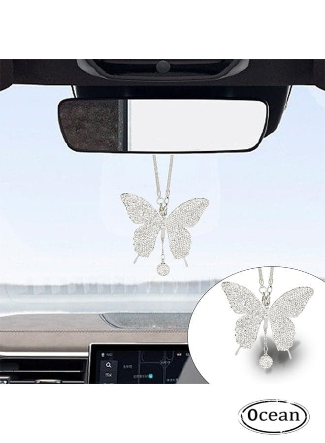 Butterfly Shape Car Ornaments Car Interior Mirror Ornaments Car Diamond Rearview Mirror Accessories Car Hanging Ornament, White