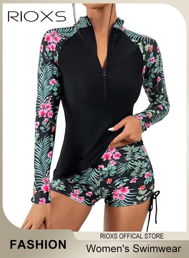 2PCS Rash Guard Long Swimsuit for Women, UV Block Zip Up Swimming Costume Set, Breathable Quick-dry Floral Print Bathing Suit Swimwear, Stretch UV Block Swim Shirt and Shorts, Suitable for Surfing, Diving, Swimming or Beach Activities