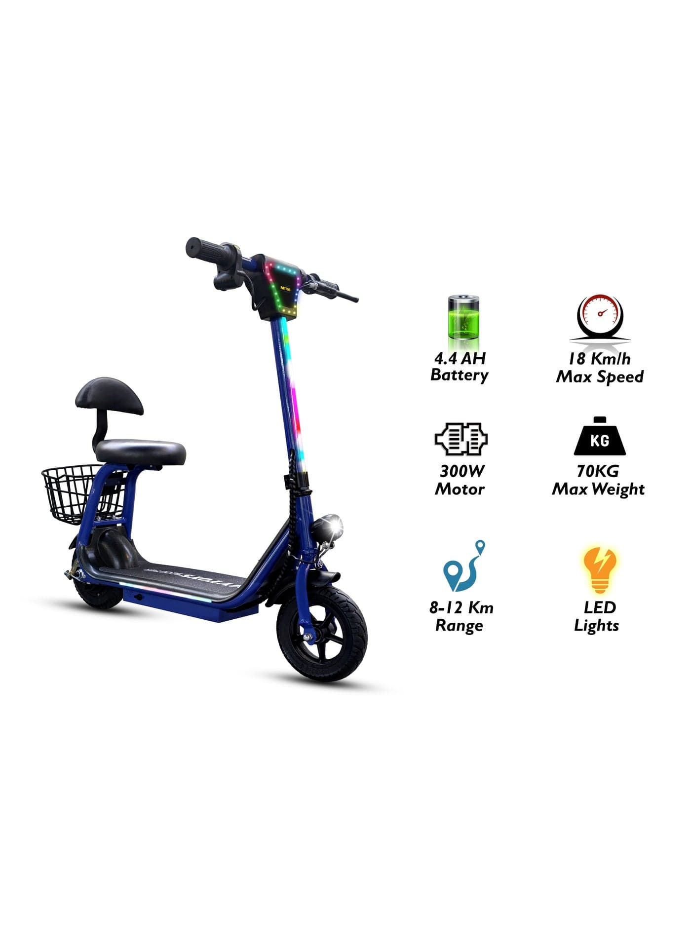 MT390 2025 Kids Electric Scooter With Seat Led Light On Handle And Deck, Bluetooth Speaker, Key Start,300W Brushless Motor Three Speed Modes 18km/h Electric Scooter For Kids