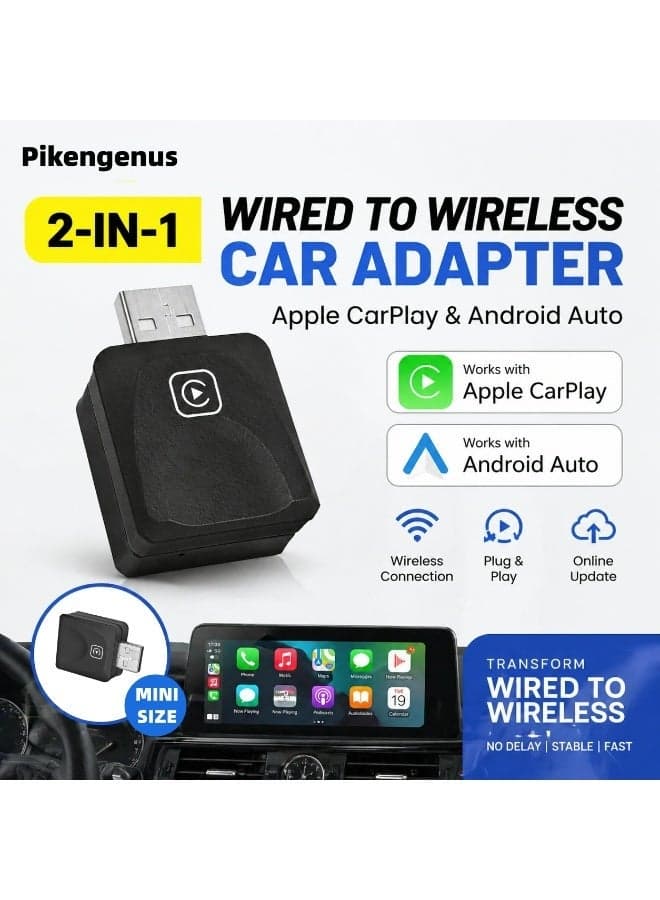 2 in 1 Mini Wireless Carplay and Android Auto with Fast Stable 5Ghz WiFi Bluetooth Connection, Wired to Carplay for Apple, Compatible with iOS10+/Android 11+