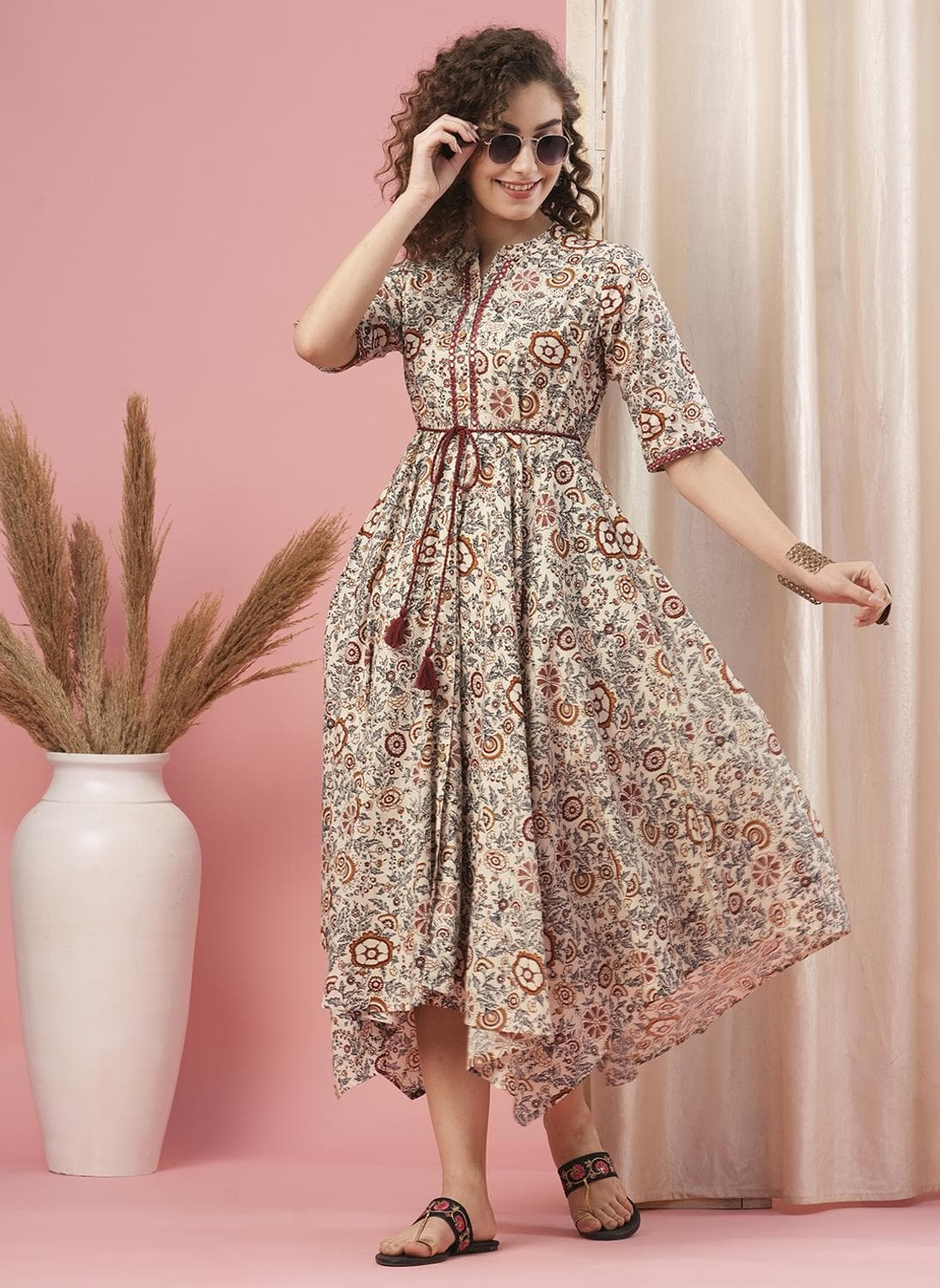 Globus Women's Off White Floral Printed Fit-and-Flare Midi Dress with Embroidered Placket