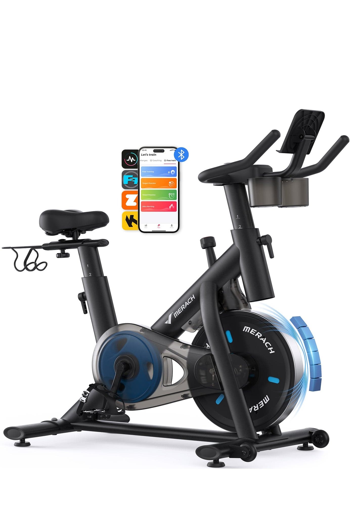 MERACH Exercise Bike, Brake Pad Stationary Bike with Exclusive App, Low Noise Indoor Cycling Bike with 300lbs Weight Capacity, Tablet Mount and Fitness Courses for Weight Loss