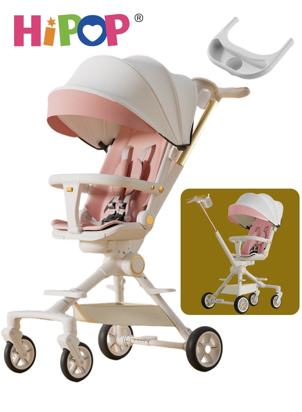 2 In 1 Stroller for Baby and Kids,with Rotating Seat and Spring Shock Absorber,Food Tray,Sturdy and Foldable Design,One Step Folding Baby Stroller