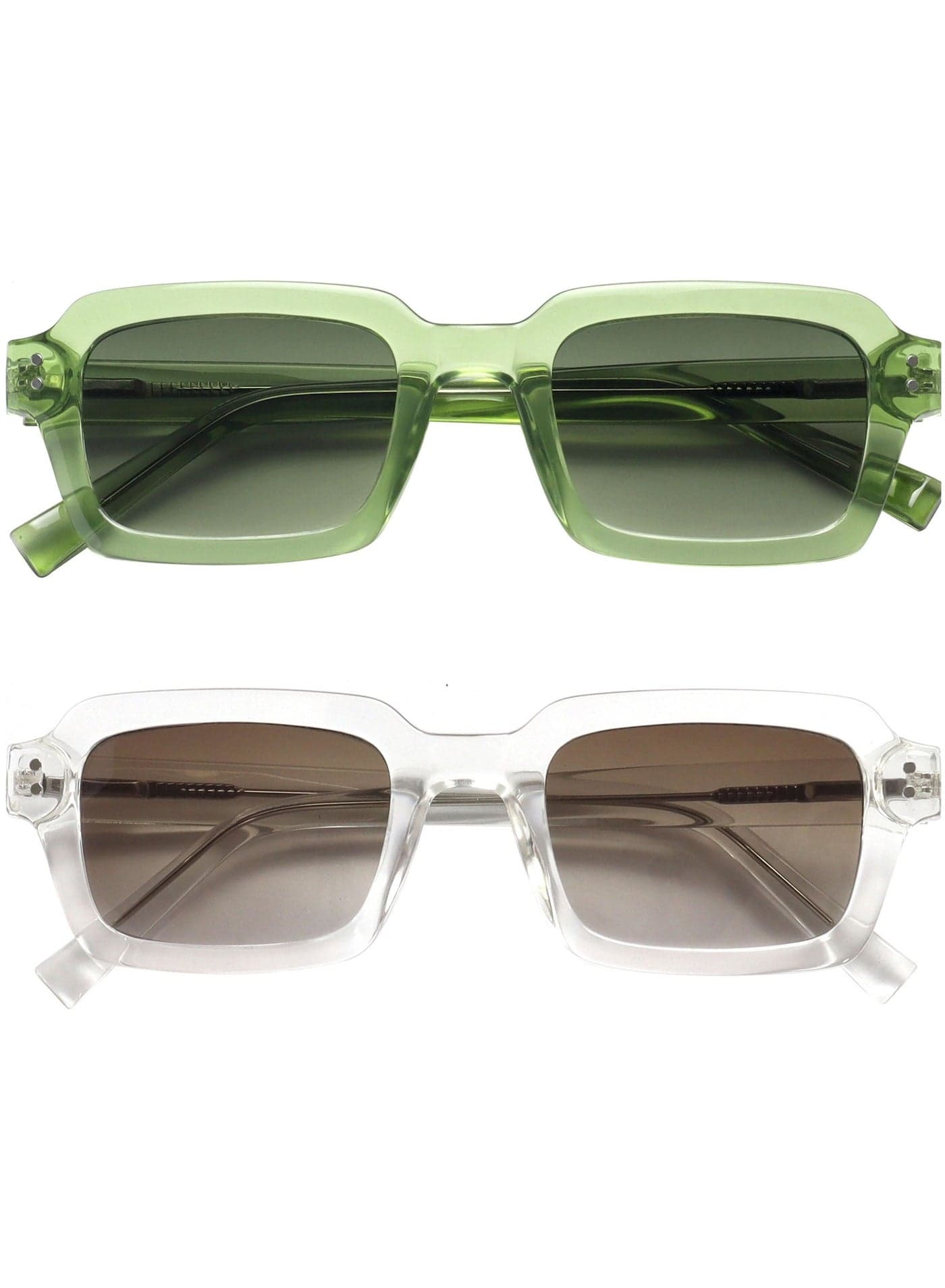 EDG Sunglasses for Men & Women - Vintage Rectangular Transparent Frame with Spring Hinges - Trendy Retro Sunglasses with UV400 Protection Lenses - Transparent Green/Clear (Pack of 2)