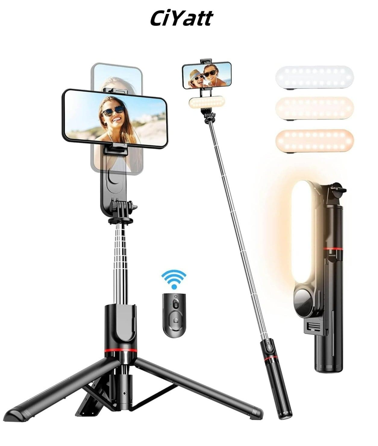 44.88"(114cm)Selfie Stick Tripod, Extendable Tripod with Rechargeable Bluetooth Remote,Removable fill light, Compatible with iPhone and Android Smartphones, Perfect for Travel, Vlog, Video and Photo, Black